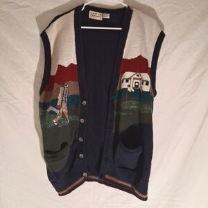 Cotton Traders Button Up Sweater Vest Vintage Golf Scene